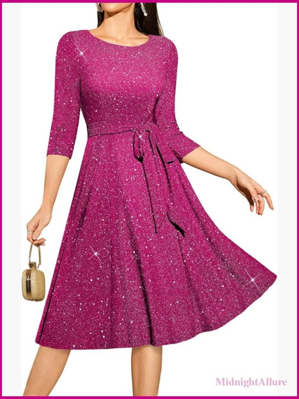 Sequin Cocktail Dress, 3/4 Sleeve Sparkly Party Dress Midi Length